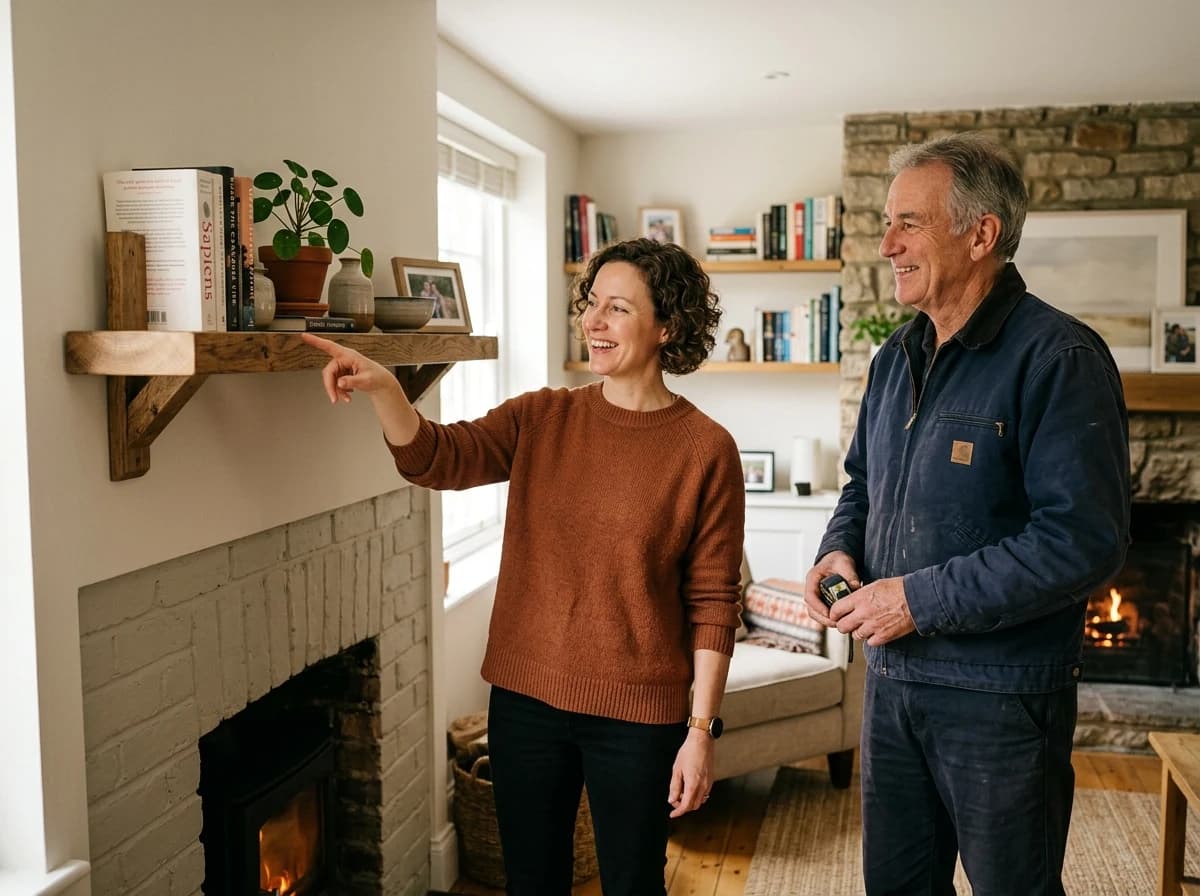 An adult homeowner, looking pleased, points to a sturdy, repaired wall shelf in their living room while the handyman stands by, confirming the successful work.