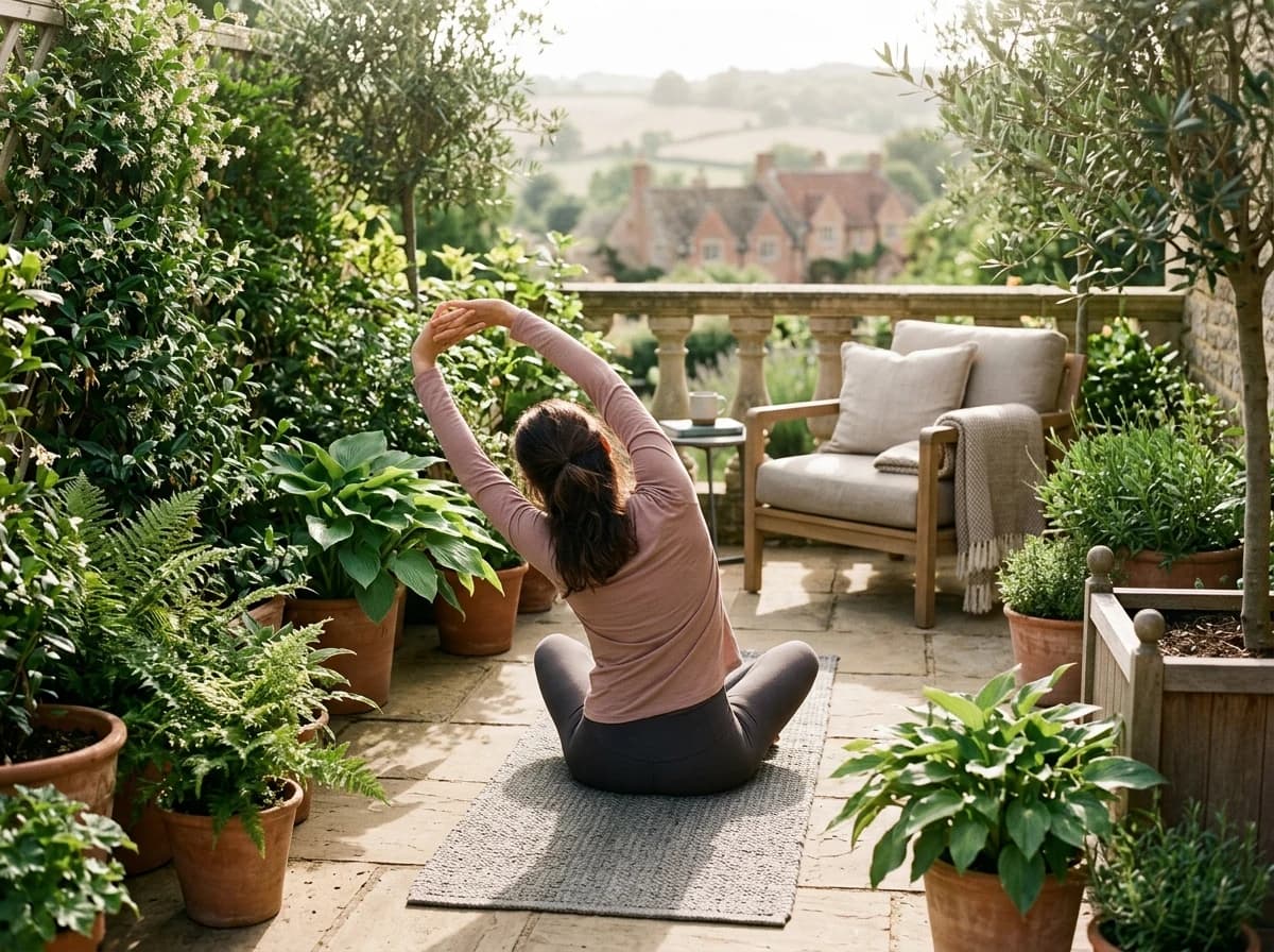 Person practices yoga on a sunny outdoor patio, surrounded by lush greenery.