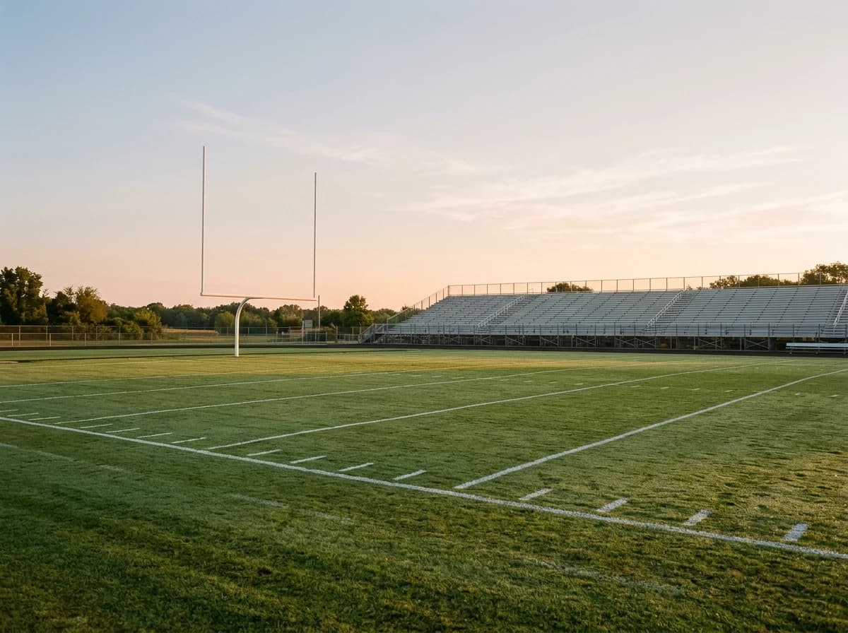 Vast, empty high school football field at dawn, goalposts prominent, ready for play.