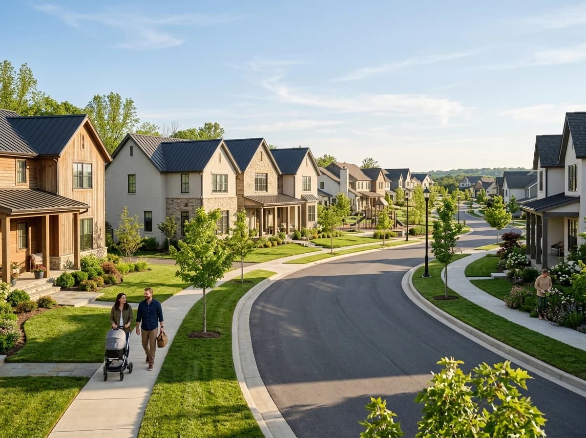 Planned residential community entrance with newly built homes and landscaping.