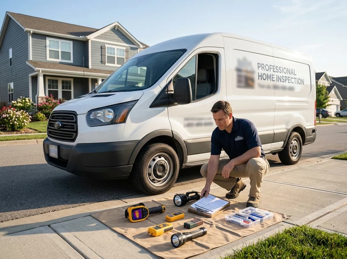 A professional home inspector's van with specialized tools and equipment laid out neatly nearby, ready for inspection.