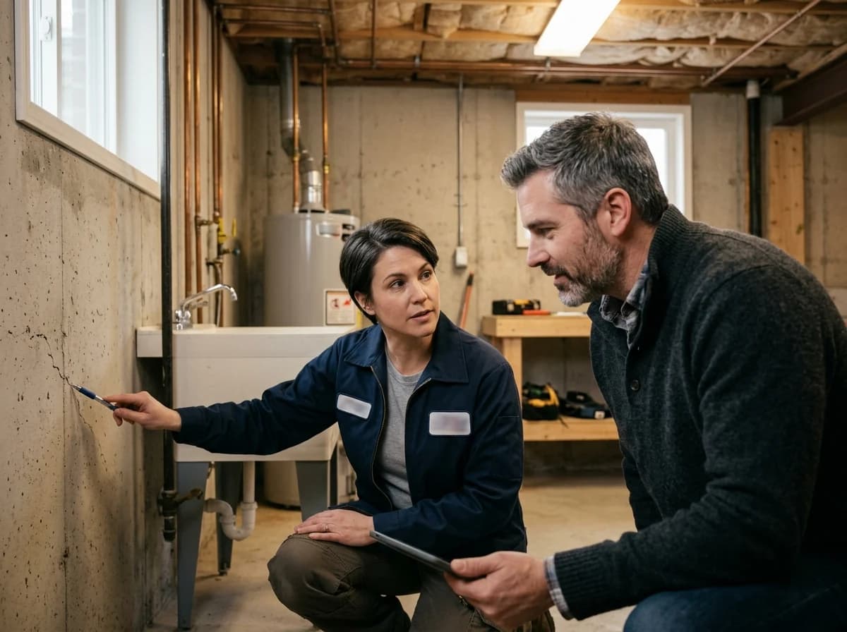 Adult home inspector respectfully showing a client a physical point of interest in a home, mid-discussion.