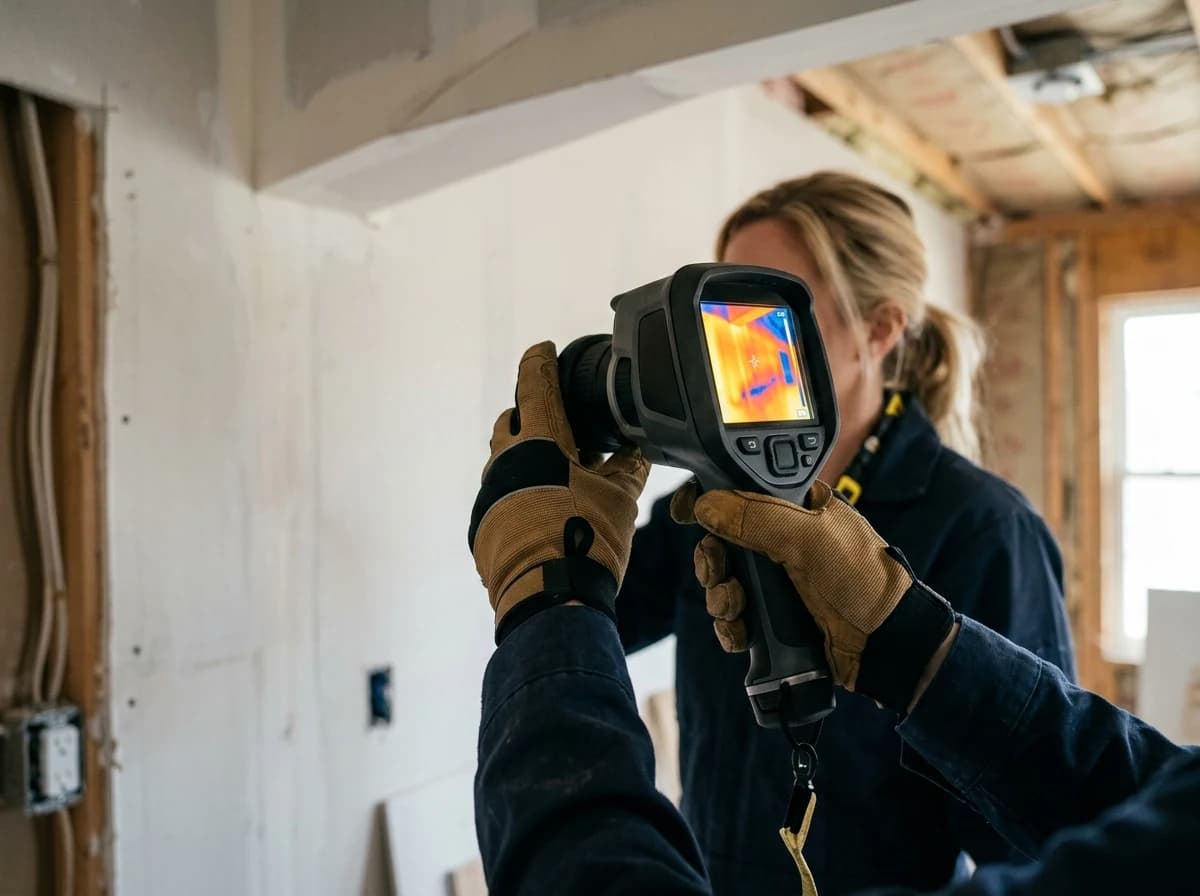 Close-up of an inspector's hands holding and aiming a thermal imaging camera at a wall, focused on the process.