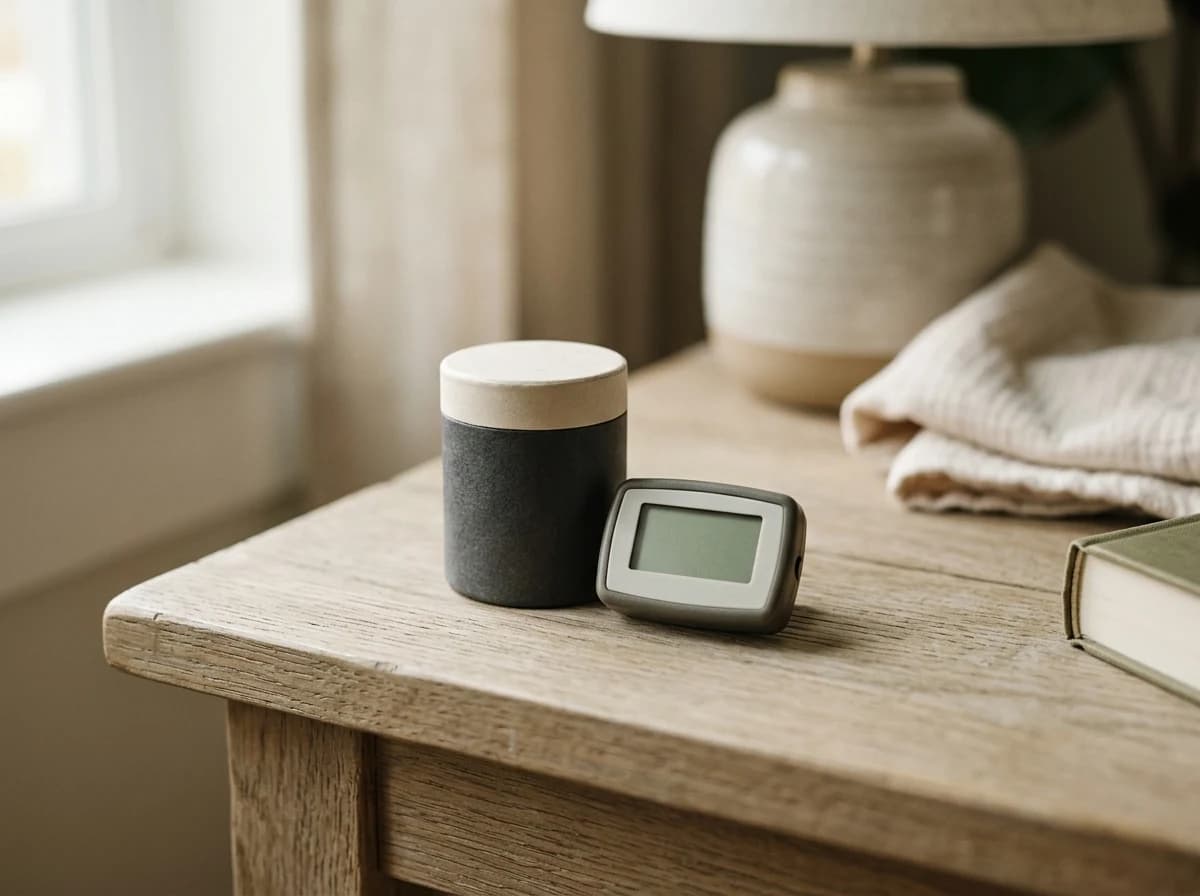 Still life of a small, discreet radon test kit on a clean surface, with a blurred background.
