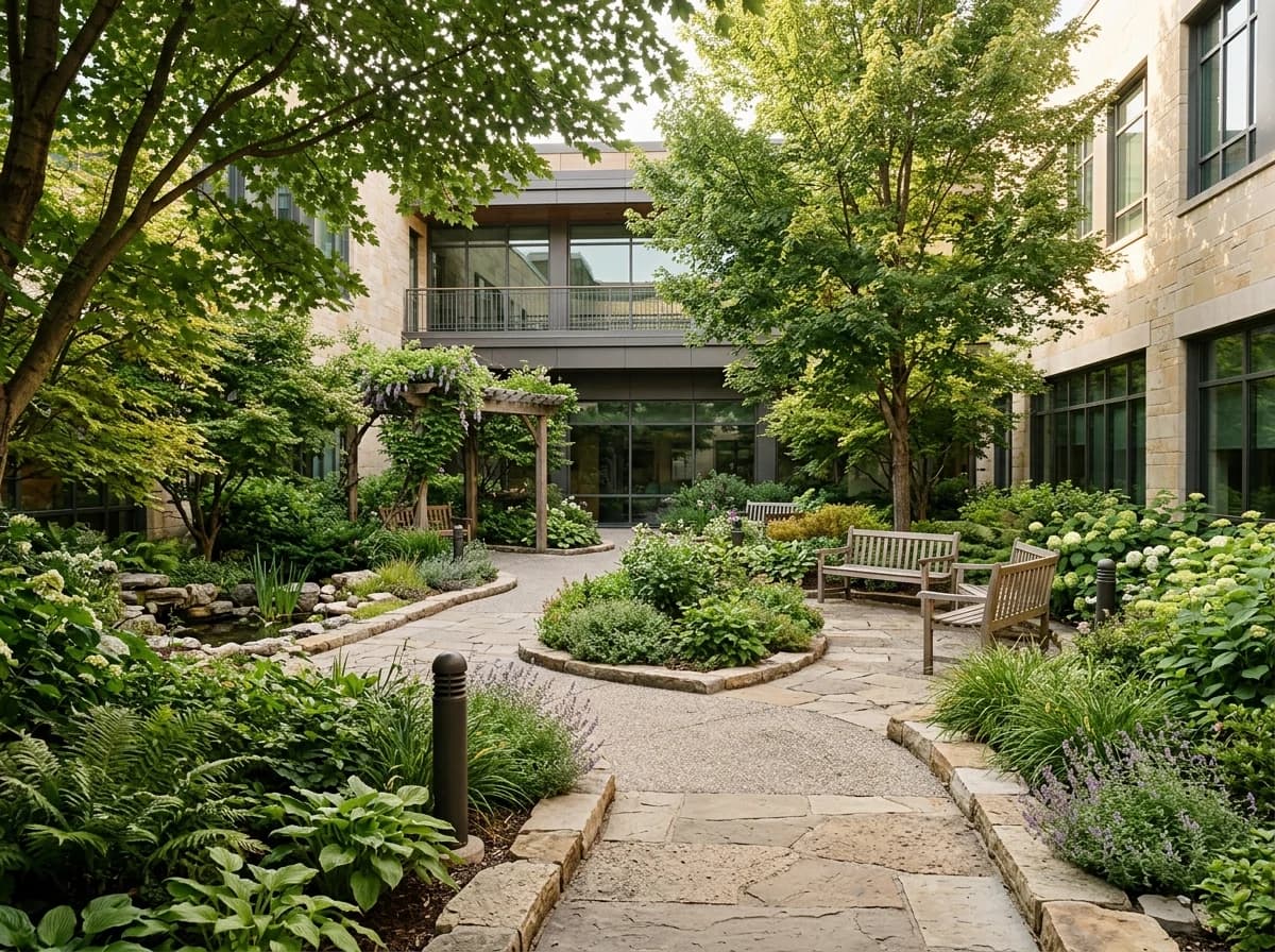 Accessible paths and seating in a peaceful hospital courtyard garden.