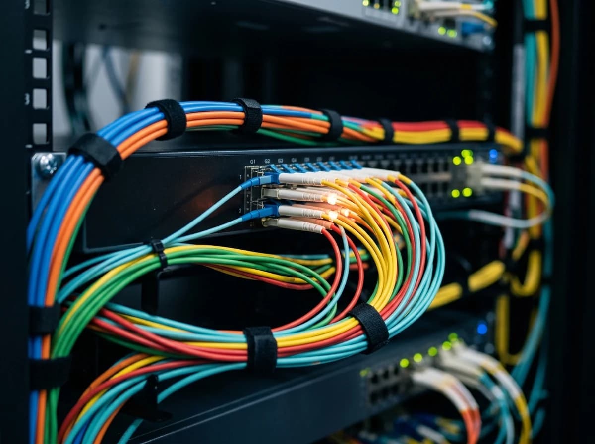 Close-up of vibrant, color-coded fiber optic cables neatly plugged into a network switch, symbolizing high-speed data transmission.