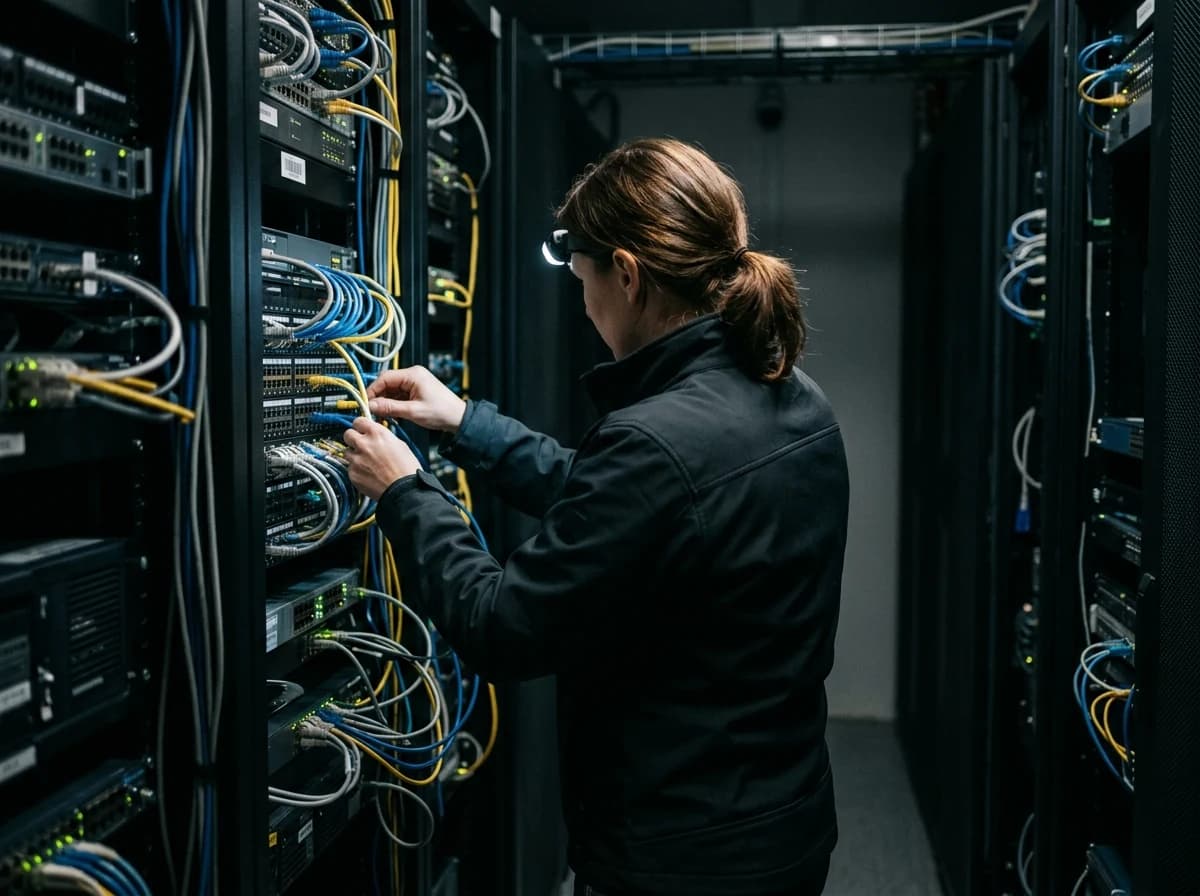 A skilled network engineer, seen from behind, meticulously examining the physical connections of a network panel in a dimly lit server room.