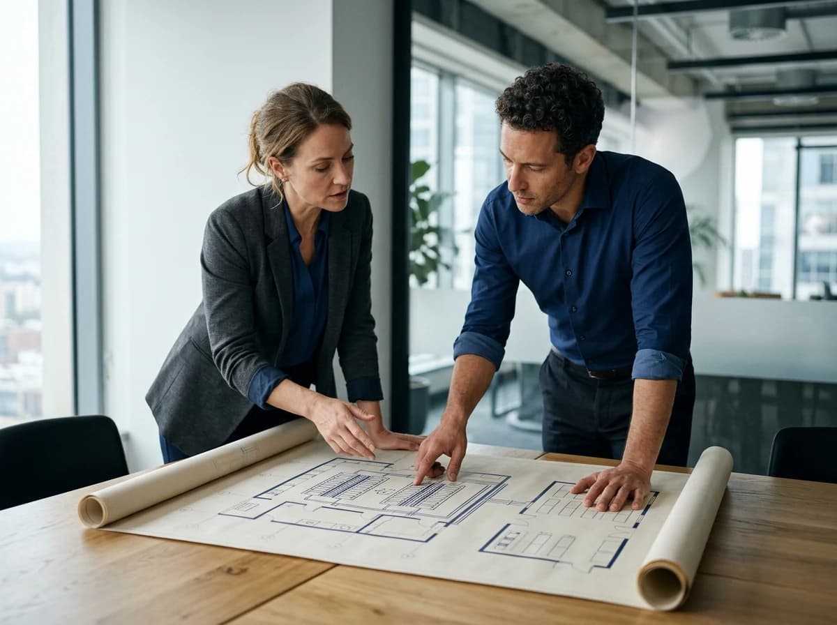 Two business professionals, an adult woman and an adult man, engaged in a discussion over architectural blueprints for a physical server layout on a large table.