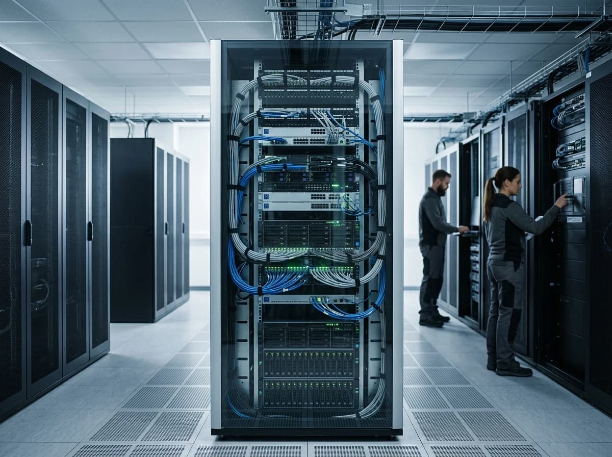 A pristine, well-organized server rack with blinking indicator lights in a modern data center aisle, illustrating robust infrastructure.