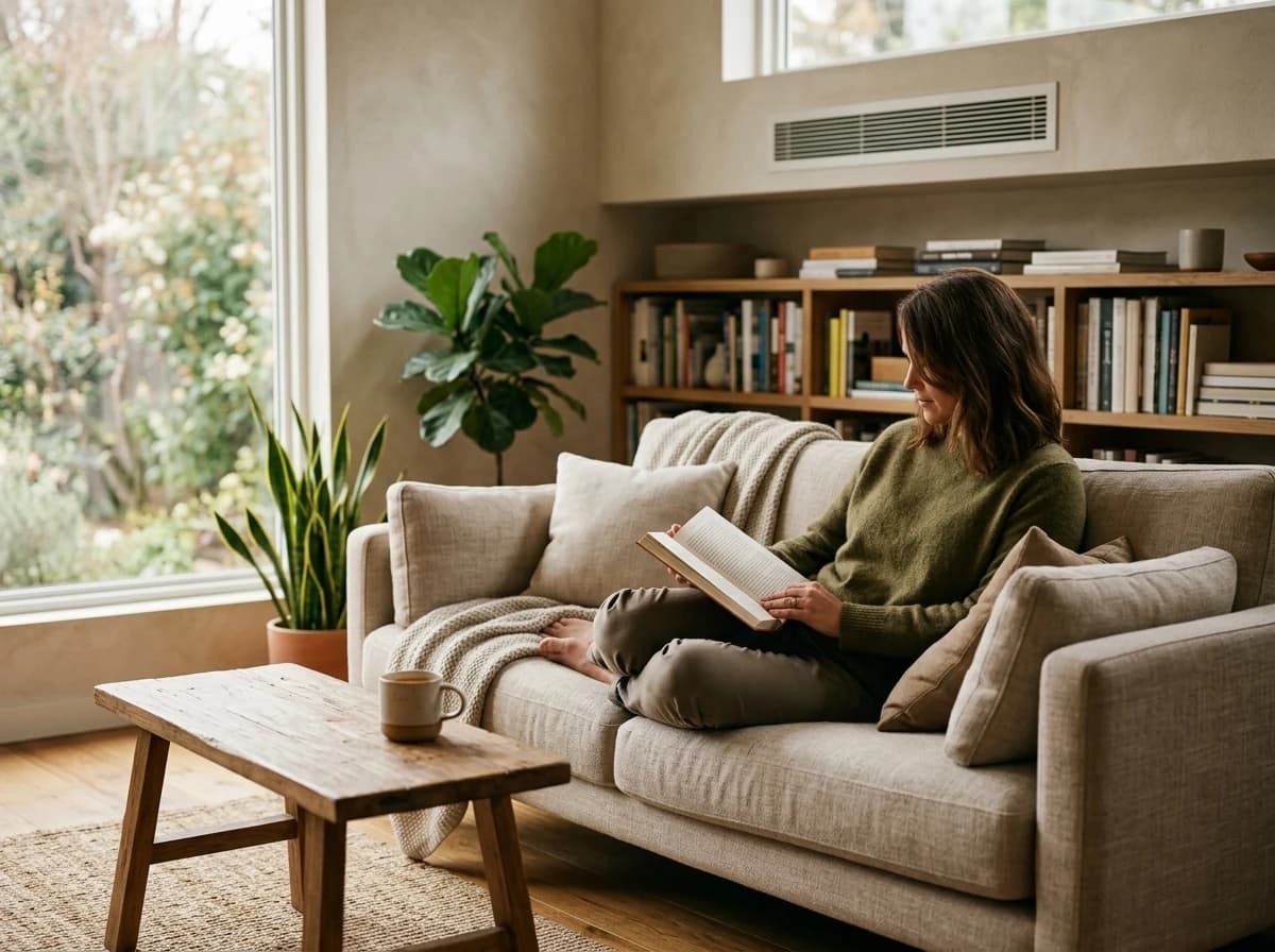 Adult relaxing comfortably in a climate-controlled, cozy home living room.