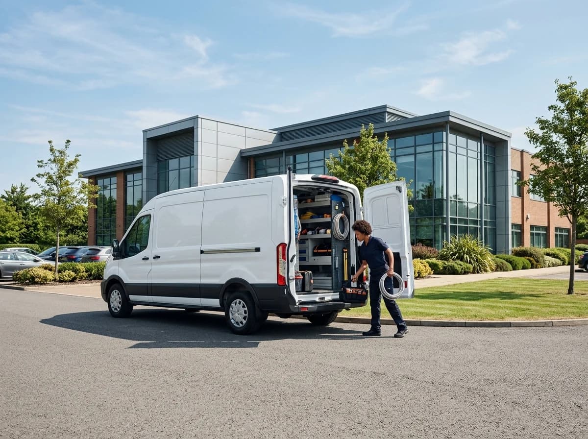 Professional HVAC service van parked in front of a modern building.
