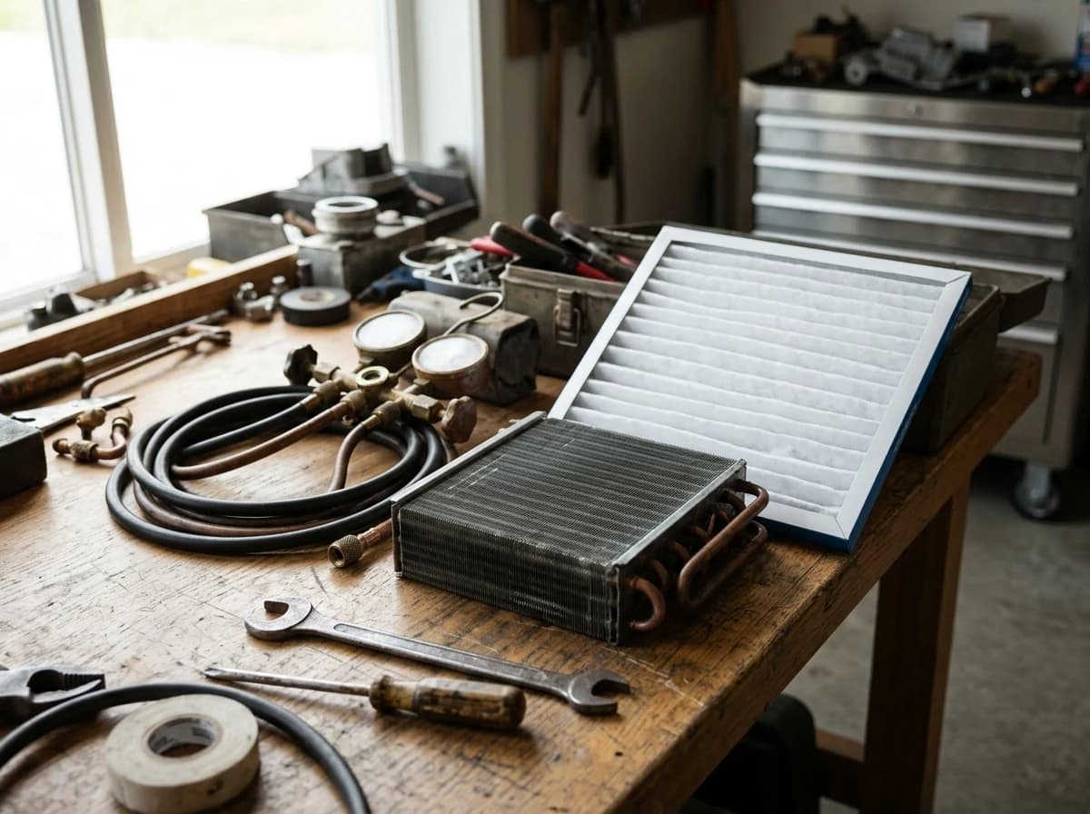 Close-up of a real air-conditioning heat exchanger coil, clean replacement filter and brass service fittings arranged on a technician’s workbench.