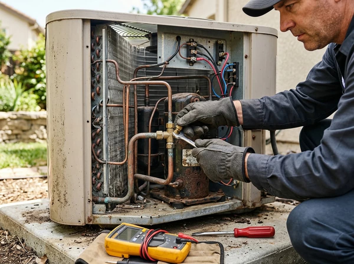 HVAC technician's hands carefully inspecting an outdoor air conditioning unit.