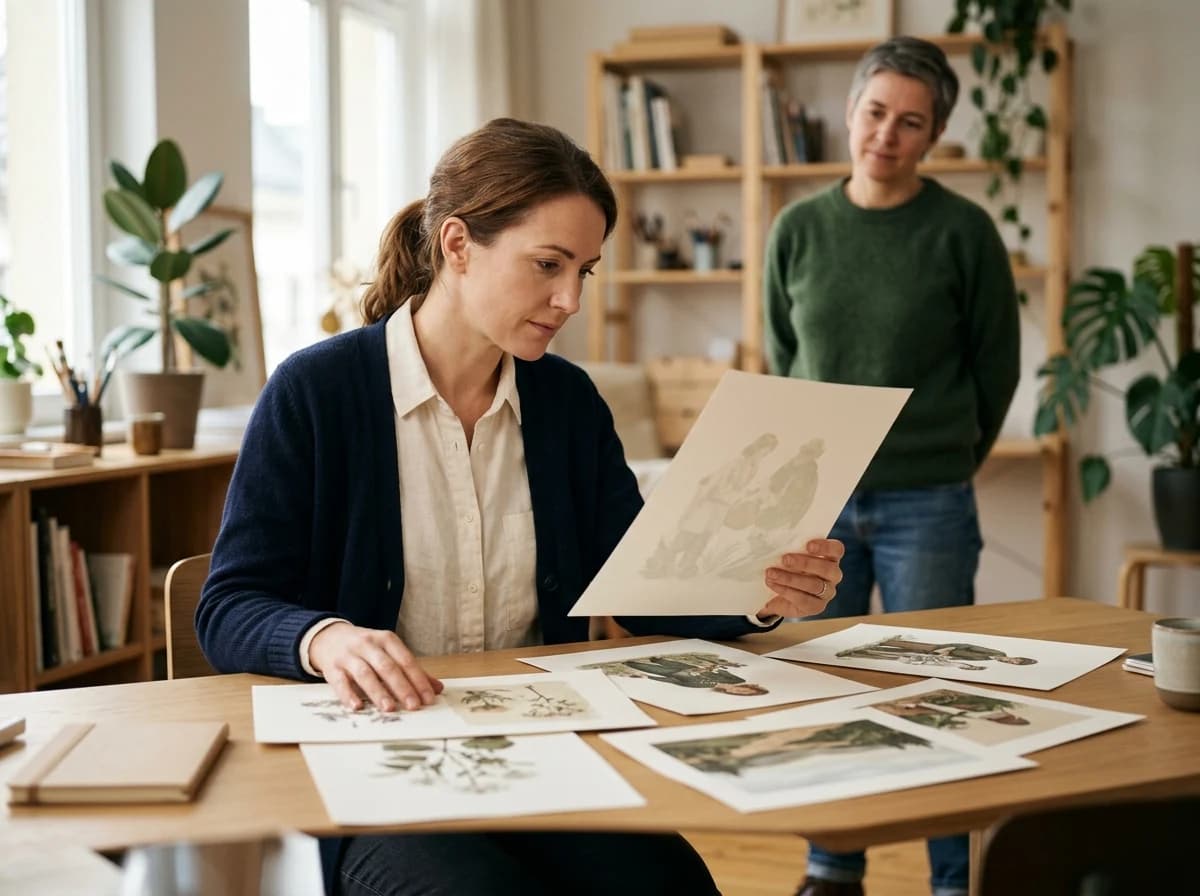 An adult client intently reviews a set of printed illustration proofs on a table, holding one up thoughtfully, with an illustrator subtly observing nearby.