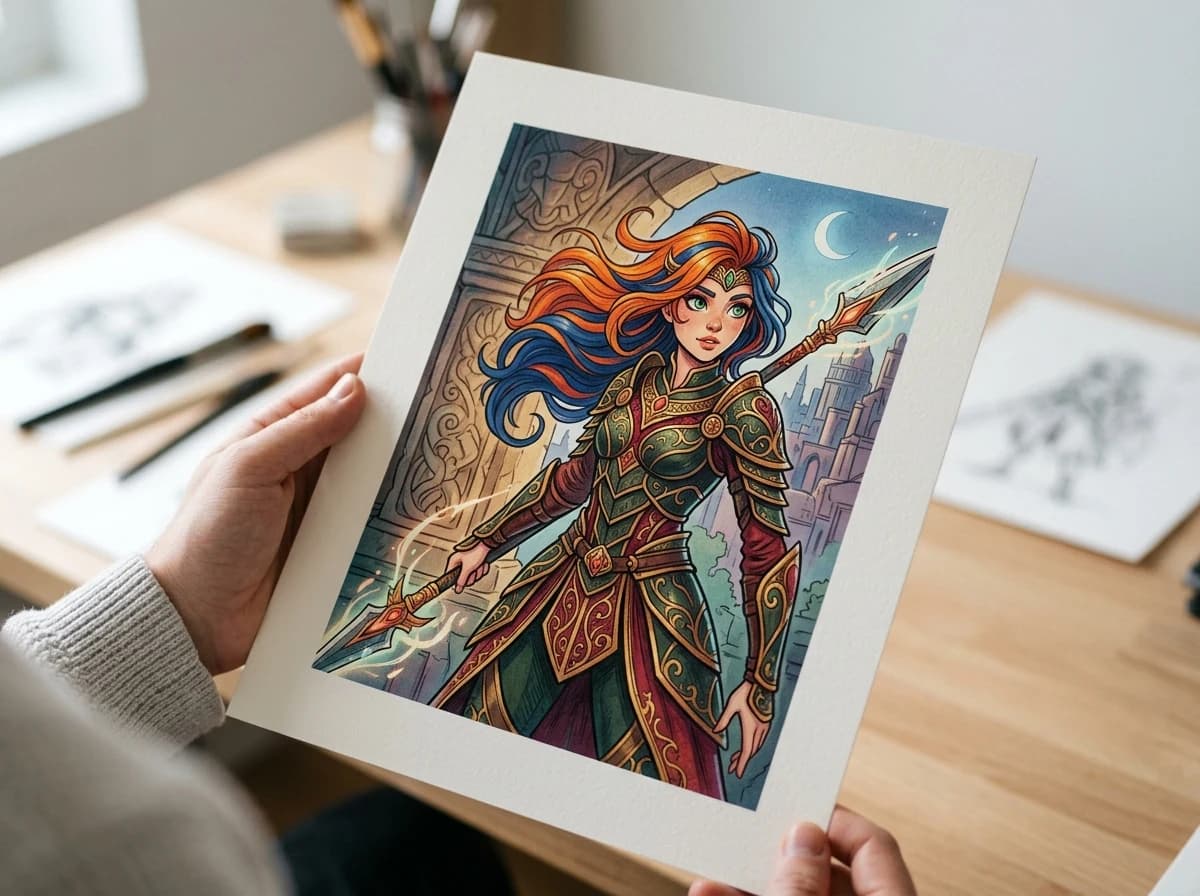 A vibrant, professionally printed illustration of an imaginative character, showcasing intricate details, rich colors, and dynamic lines, possibly for a graphic novel or art print.