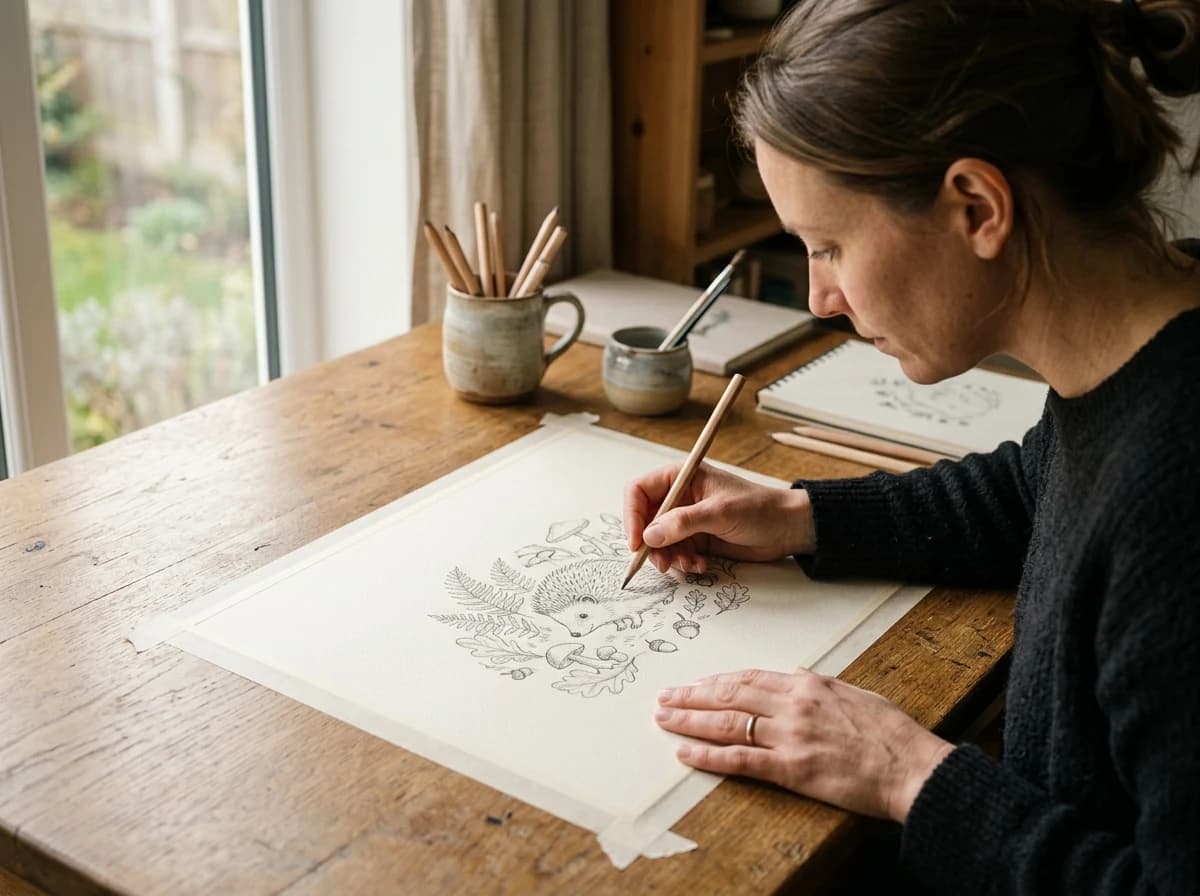 Illustrator sketching an original woodland character with a plain natural wood pencil