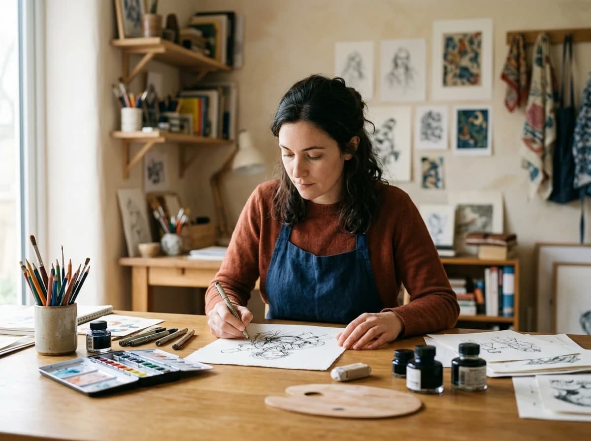 An adult illustrator, engrossed in drawing with a pen on paper, surrounded by various traditional art supplies like colored pencils and paper sketches on a well-lit wooden desk.