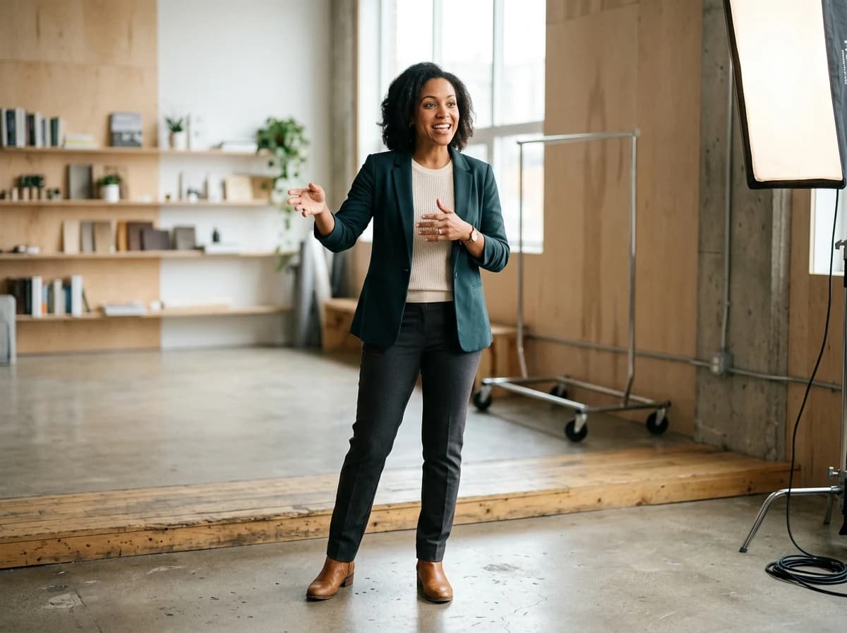 An adult woman in a contemporary studio setting, standing confidently and gesturing expressively towards an off-camera point, suggesting she is presenting information or engaging an audience, with professional lighting visible. No audience or screens.