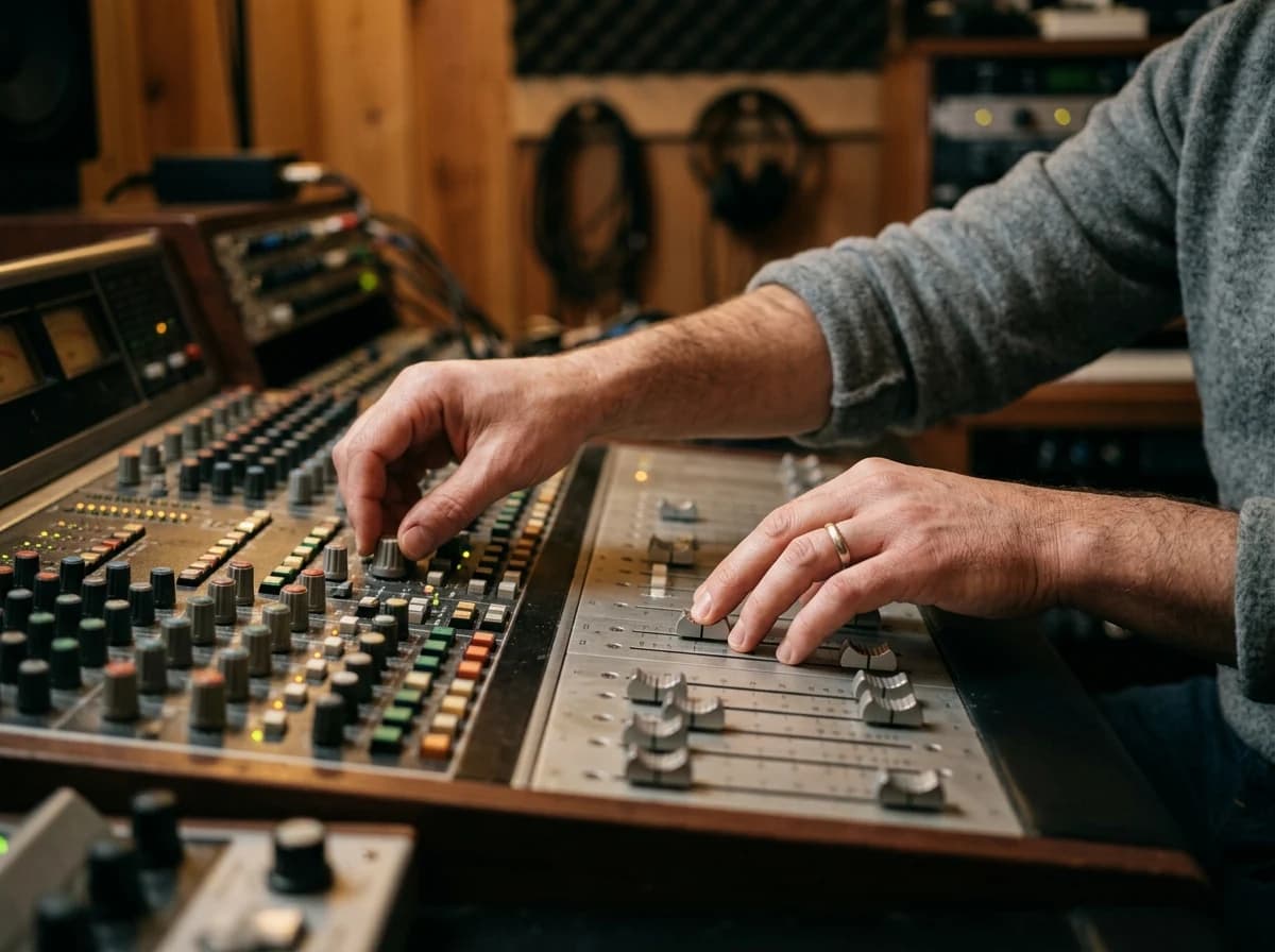 Close-up of an adult's hands manipulating a large, tactile audio mixing board with various knobs and faders, suggesting an audio or video editing process. Focus on the physical interaction and detailed controls. No screens visible.