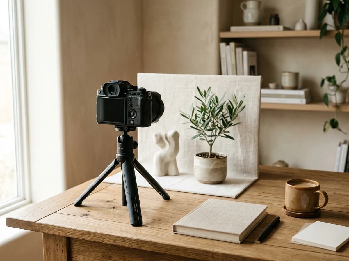 A clean, modern workspace featuring a high-quality mirrorless camera on a tripod, positioned next to a well-organized desk with a notebook, pen, and a natural light source, suggesting content creation. No screens visible.