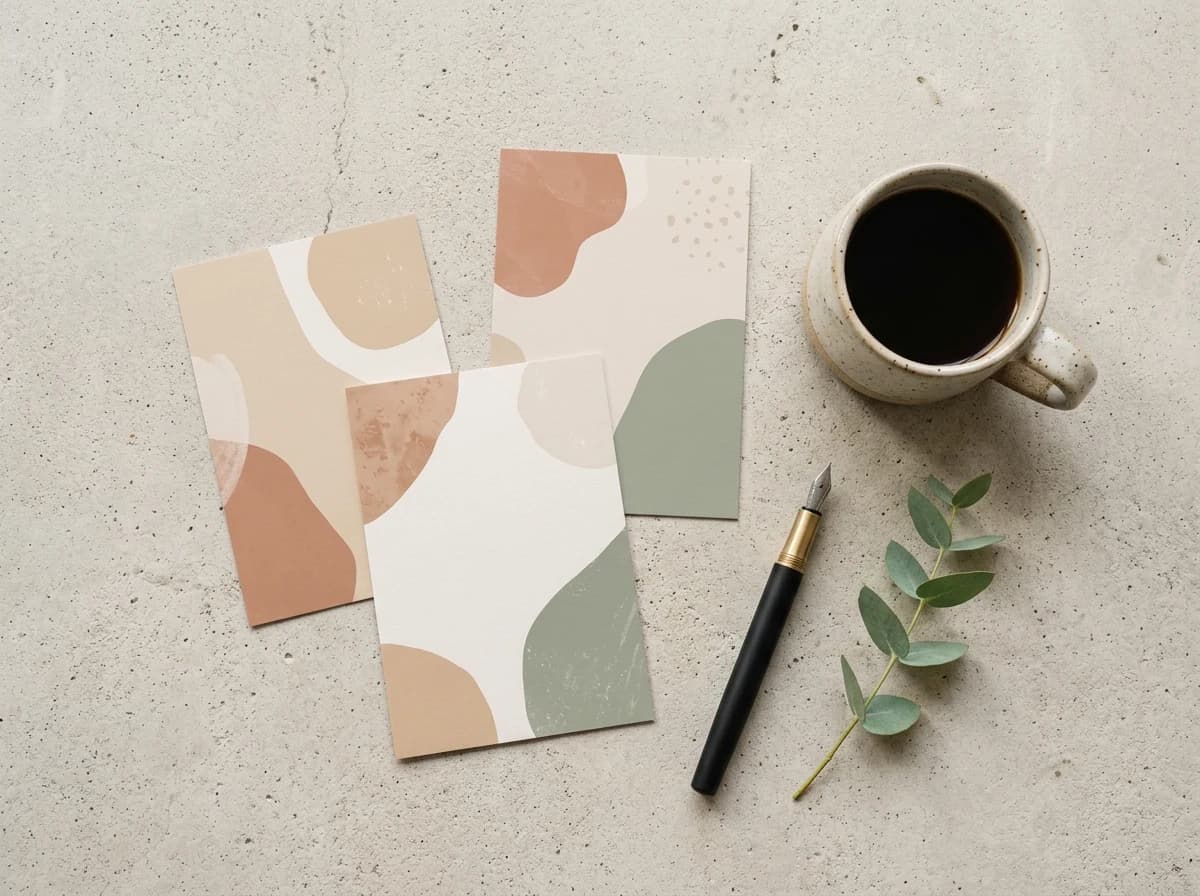 A meticulously styled flat lay featuring a set of three aesthetically pleasing, matte finish photo presets (represented by physical, minimalist cards with abstract designs), an artisanal coffee cup, and a small sprig of greenery, arranged on a textured surface. Implies digital product.