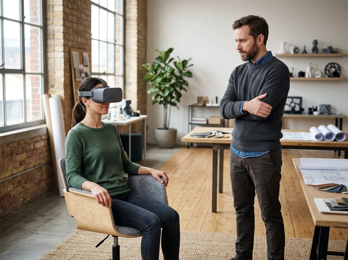 Fictional adult designer observing a seated adult tester wearing an unbranded virtual reality headset in a clear studio with safe open space