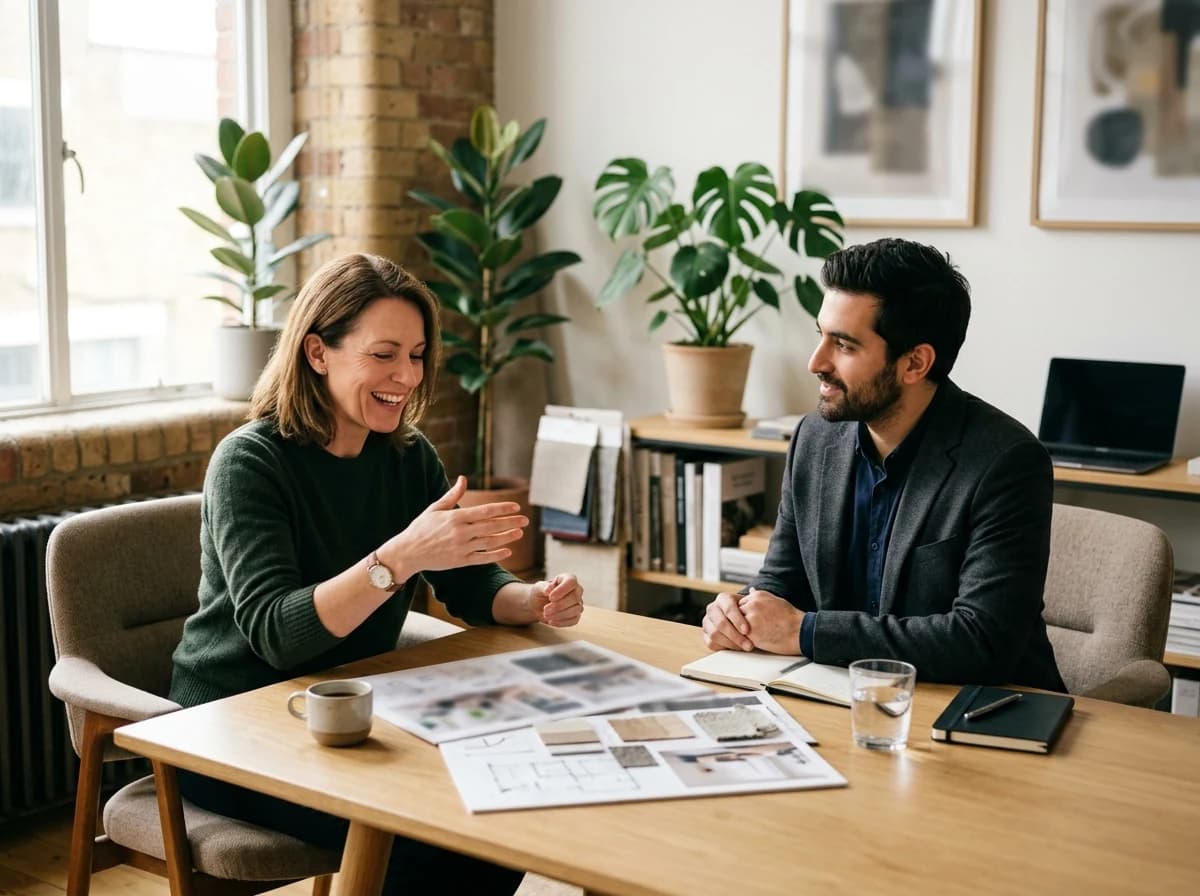 Client reviewing interior design concepts with designer, smiling at a table.