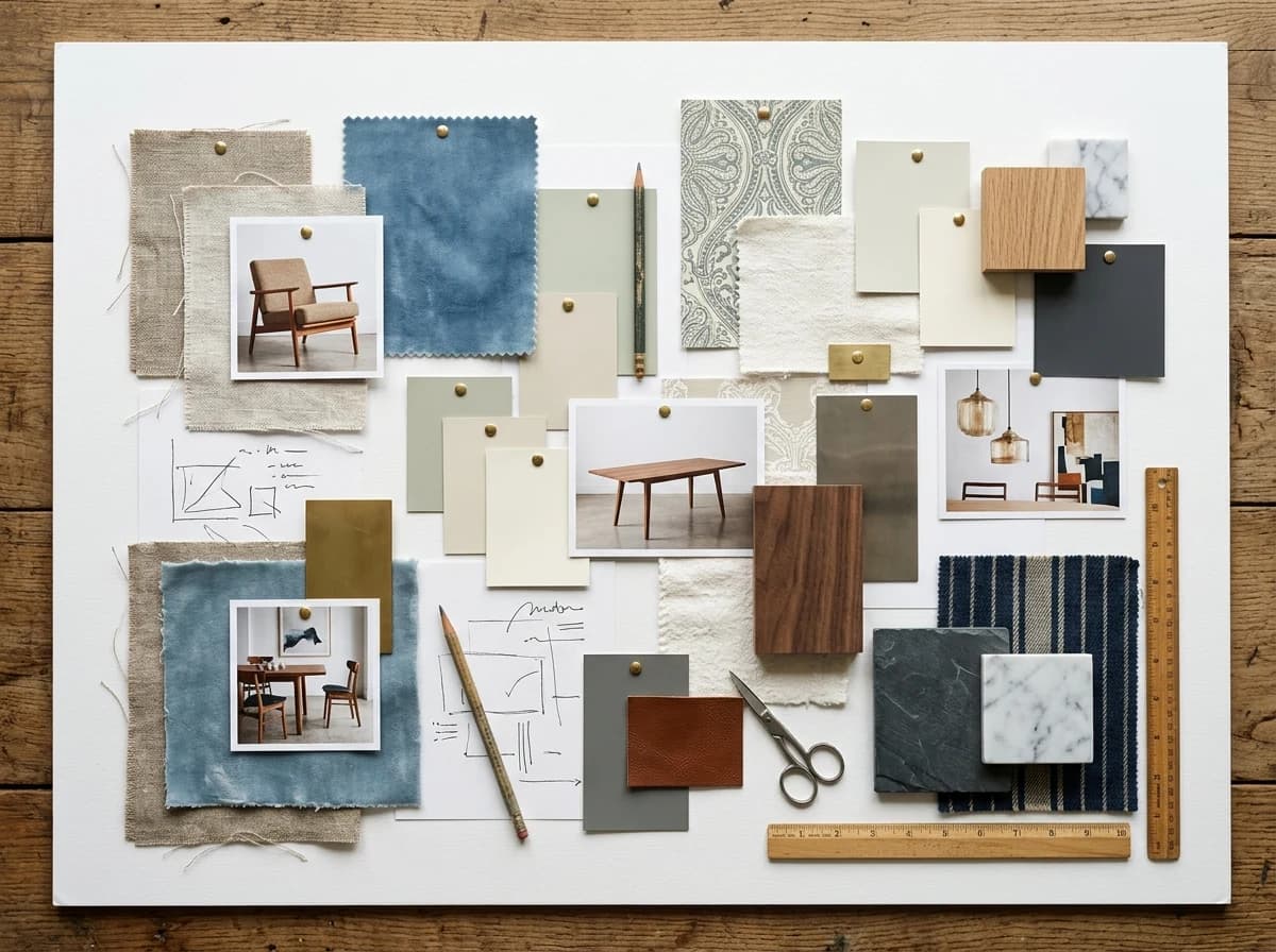 Physical mood board with fabric swatches, paint chips, and material samples.
