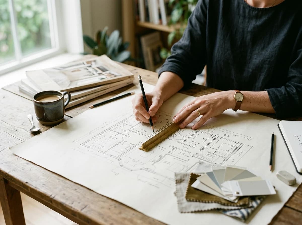 Interior designer sketching a floor plan by hand on a drafting table.