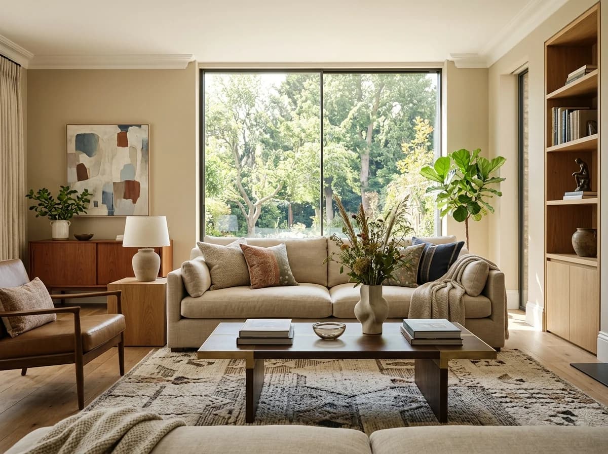 Beautifully decorated modern living room with plush sofa and stylish decor.
