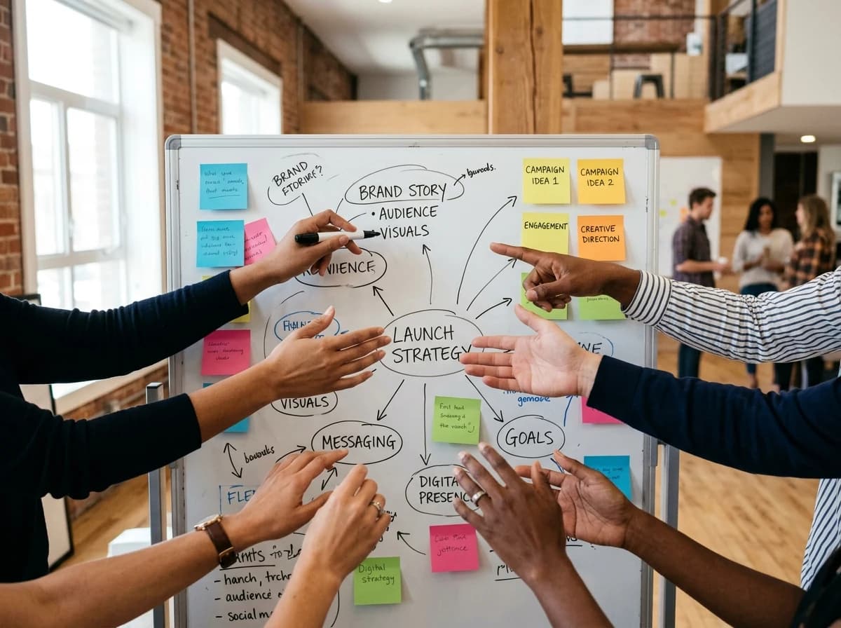 Hands pointing at concepts on a whiteboard during an advertising strategy session.