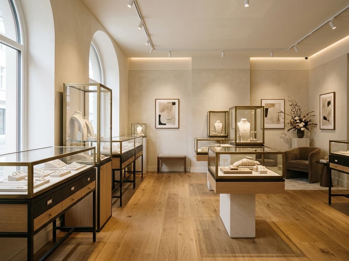 Sophisticated jewelry boutique interior with glass display cases showcasing finely crafted pieces under warm lighting.