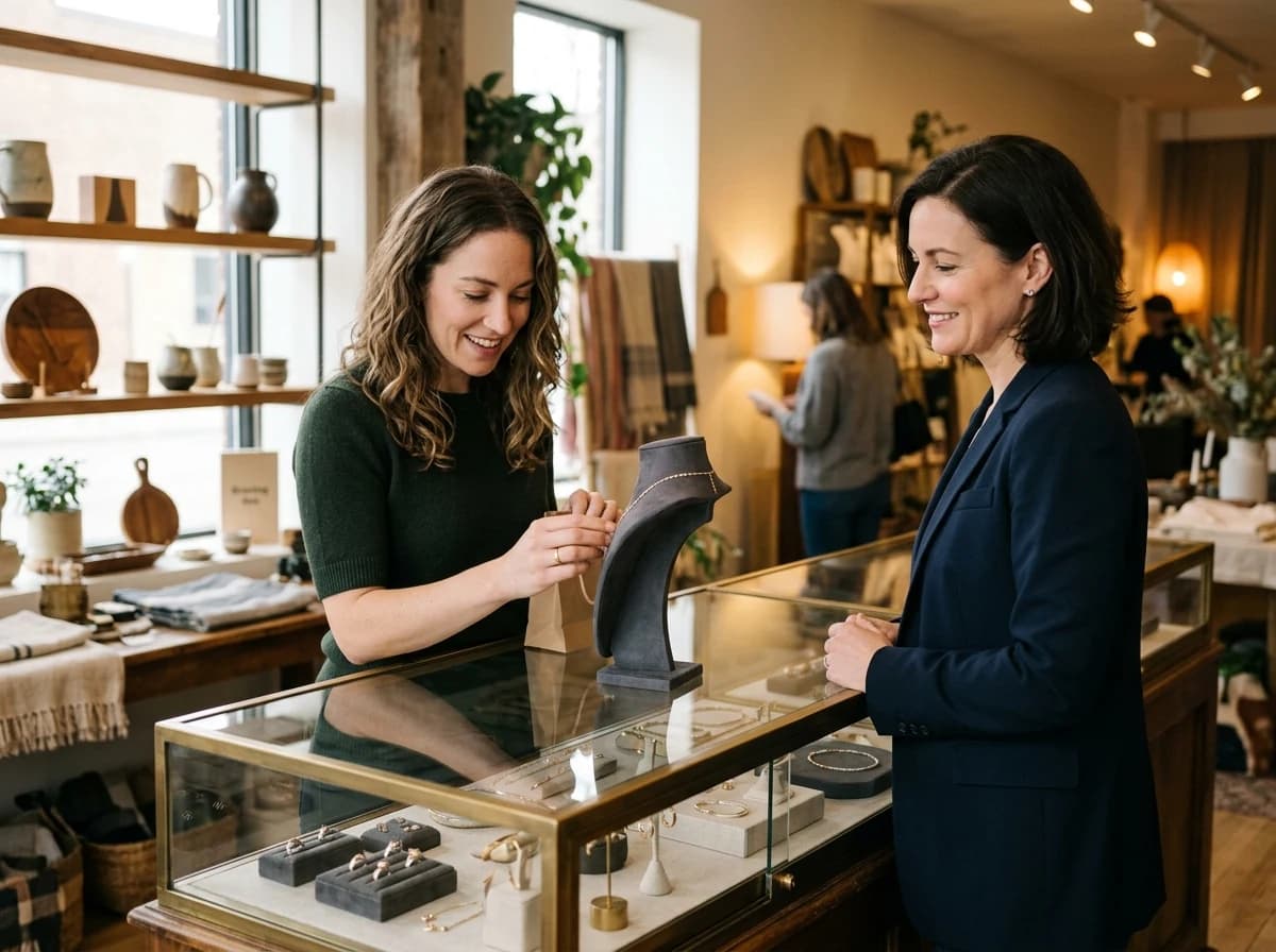 A client examining a necklace in a display case, assisted by a helpful jewelry store associate.