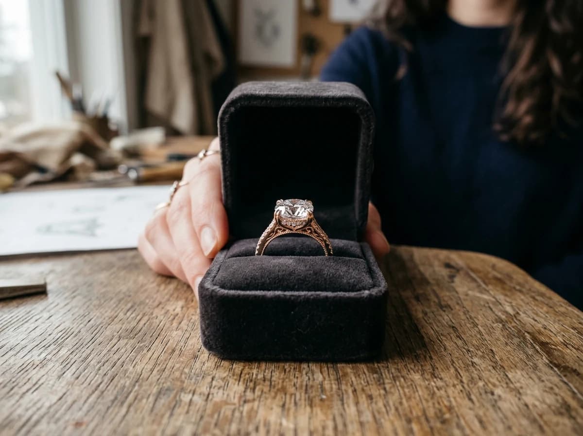 A stunning custom engagement ring with a unique setting, beautifully presented on a velvet ring box.