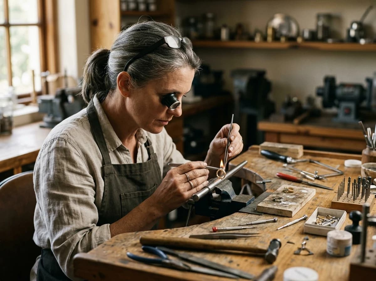 A skilled jeweler meticulously working on a delicate piece of jewelry at their workbench, using specialized tools.