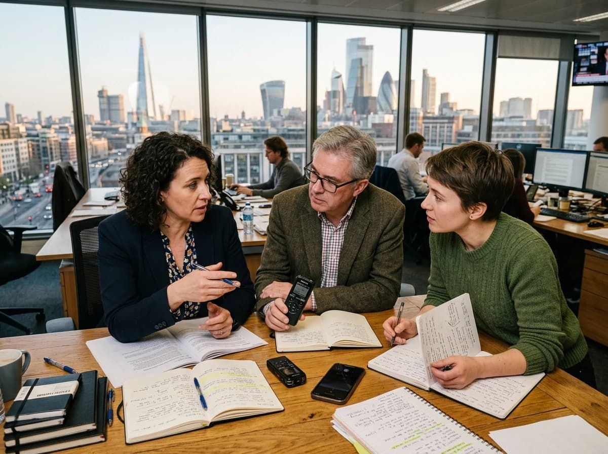 Three fictional adult journalists discussing an unfolding story around a shared newsroom desk with notebooks and voice recorders, windows overlooking the city, computer screens outside the frame