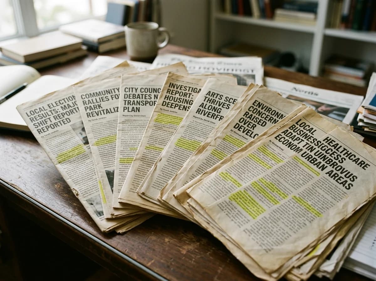 Neatly organized stack of printed newspaper and magazine clippings, some with highlighted bylines.
