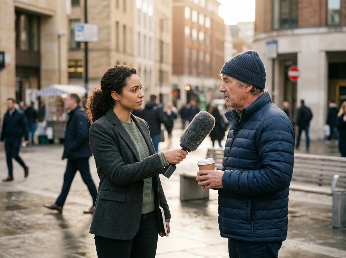 A journalist holding a microphone, interviewing a person in a public, urban setting.
