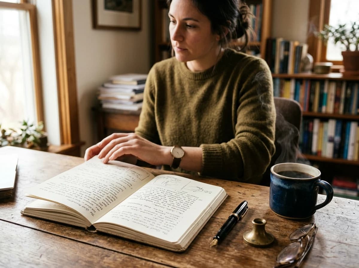 An open notebook with handwritten notes, a pen, and a warm cup of coffee on a writer's desk.