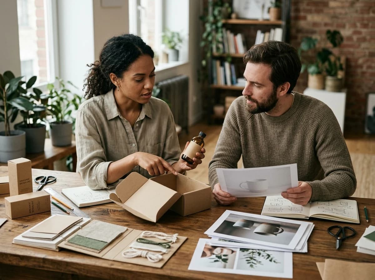 Two fictional adult creatives considering physical packaging mockups and product photographs laid out across a sunlit studio table