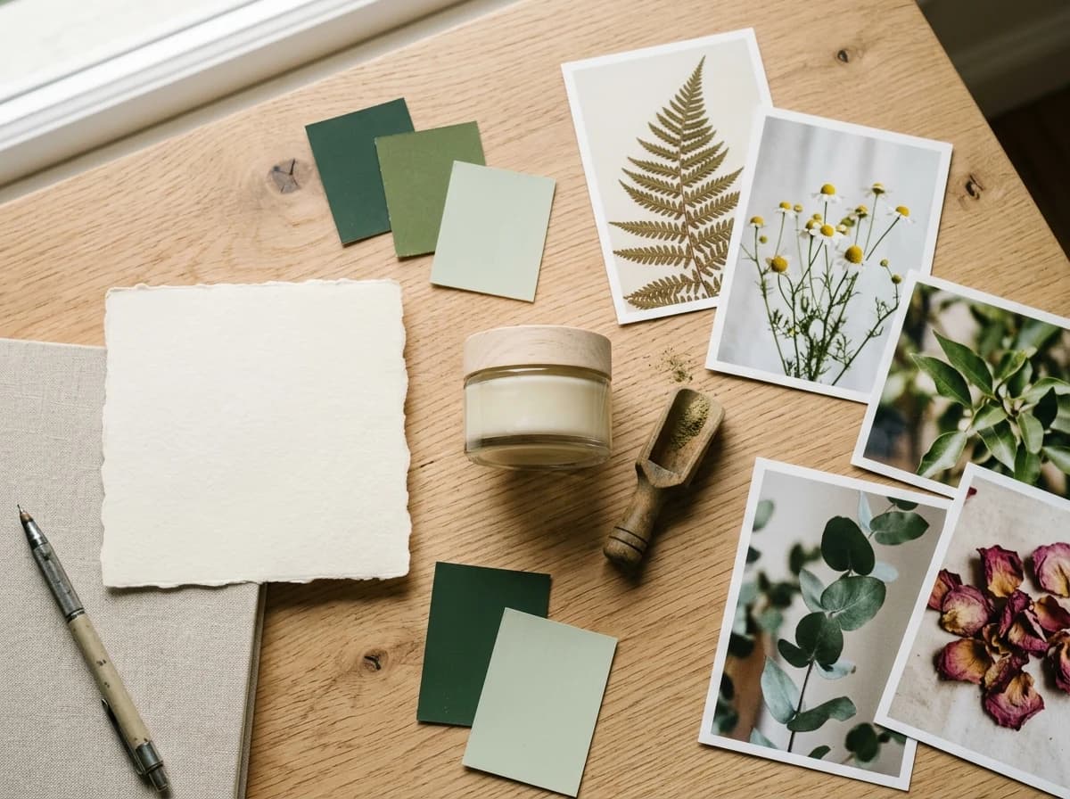 Overhead editorial still life of cream paper, botanical photographs, green color swatches and an unbranded product jar on oak