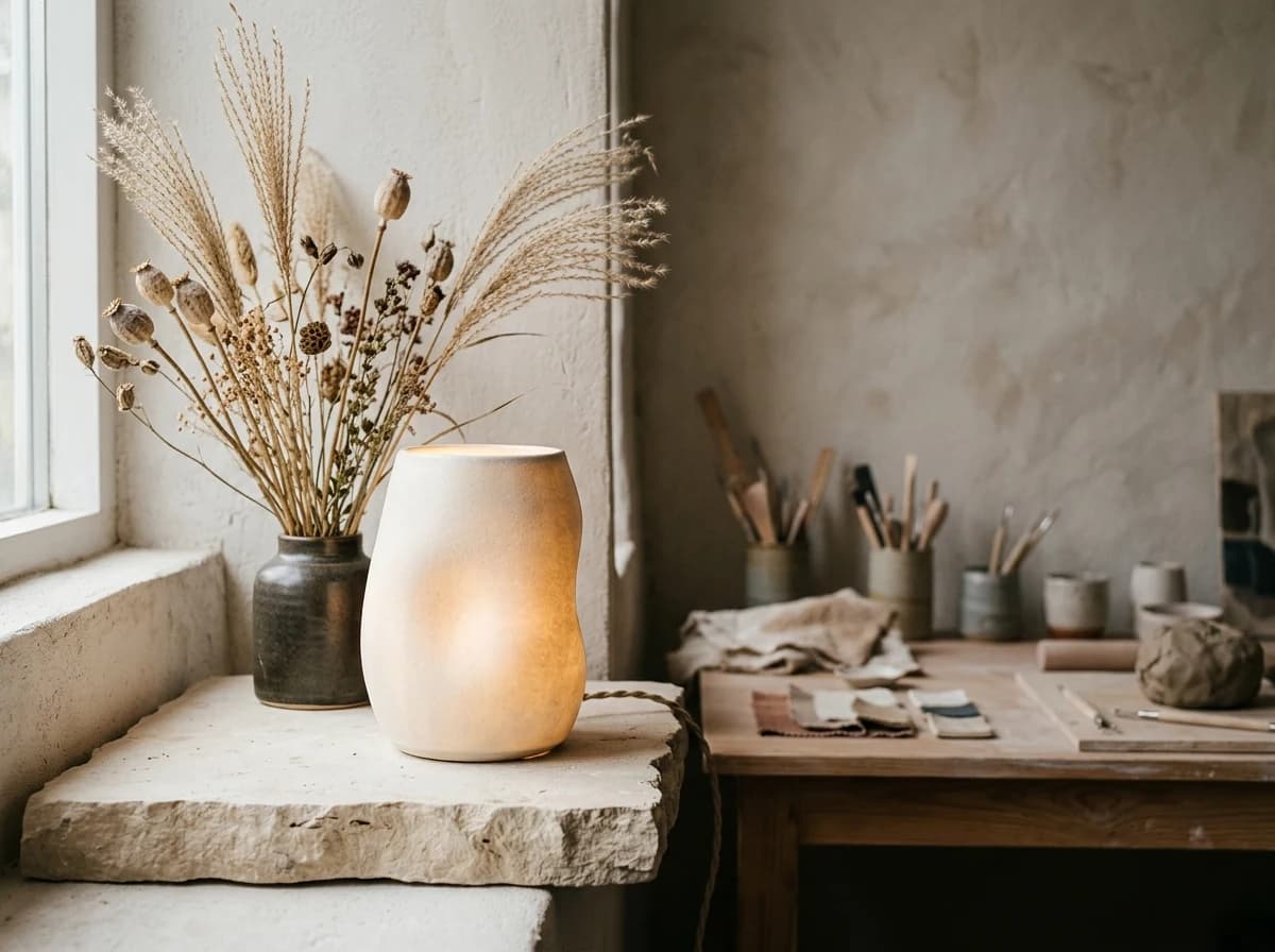 Sculptural editorial product photo of an unbranded ceramic portable lamp glowing on a pale stone shelf beside dried grasses