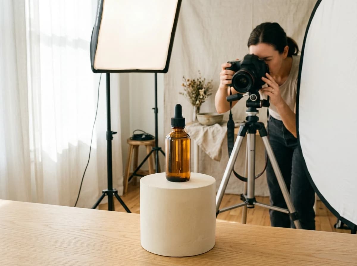 Unbranded amber skincare bottle being photographed on a cream studio plinth with softbox, reflector and camera tripod