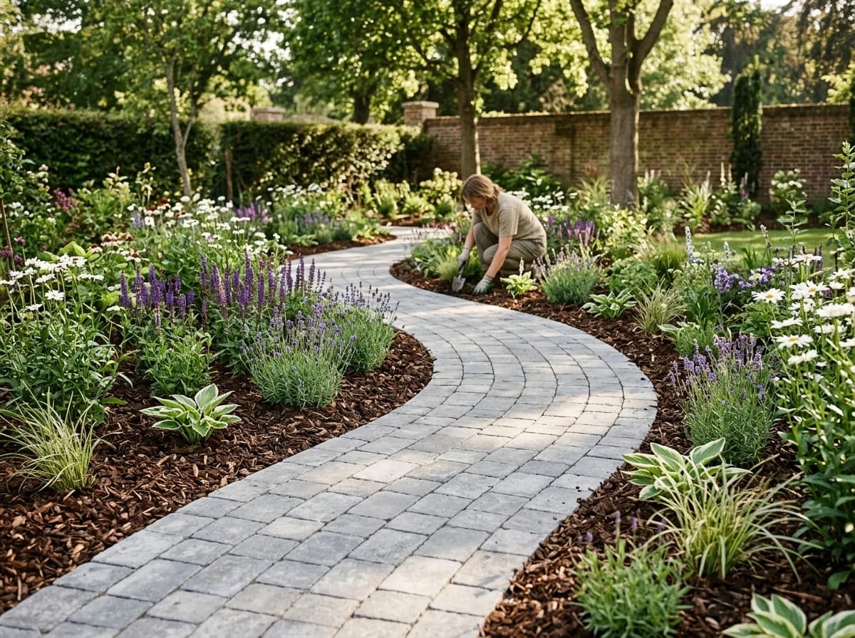 An elegantly curved garden pathway made of interlocking pavers, bordered by carefully mulched flower beds with colorful, healthy plants and small shrubs under bright sunlight.