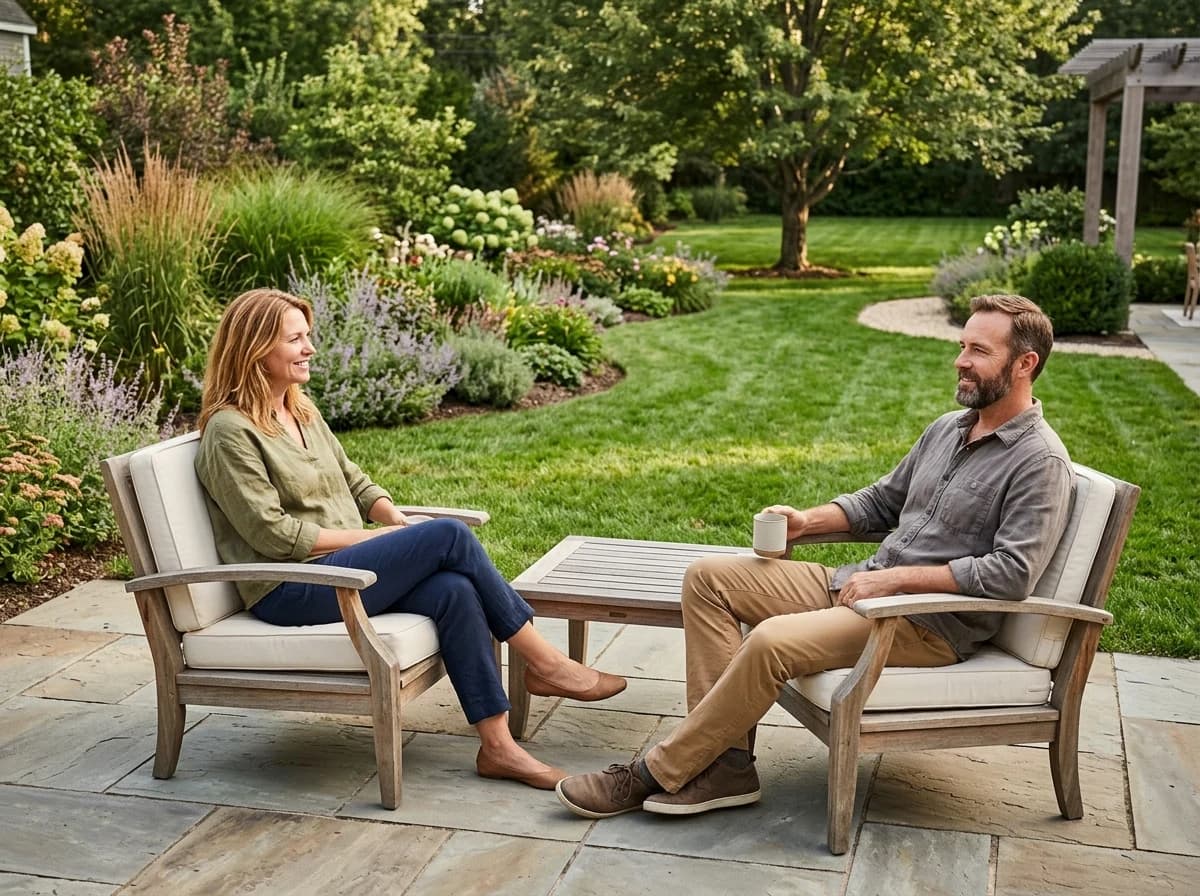 A happy adult couple in casual attire relaxing on a newly installed stone patio, smiling as they look out at a beautifully landscaped backyard garden under a clear sky.