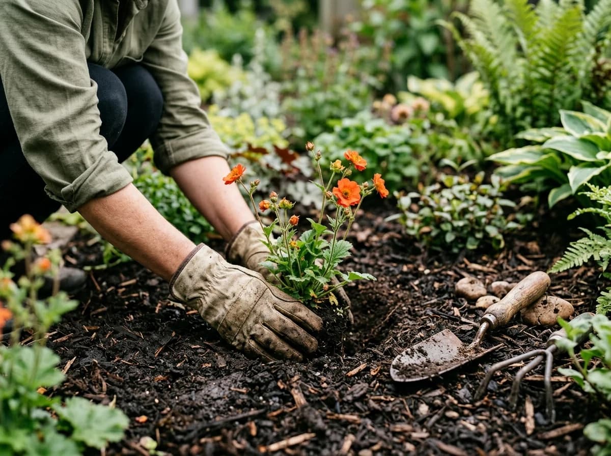 A landscaper in work gloves carefully places a small flowering plant into a freshly dug hole in a mulched garden bed, with gardening tools nearby.