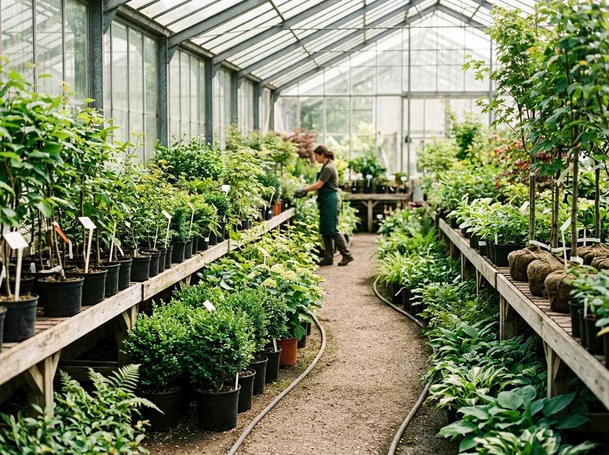 Interior of a large, well-maintained commercial greenhouse filled with various healthy green plants, trees, and shrubs in pots, under bright natural light from the roof and sides.