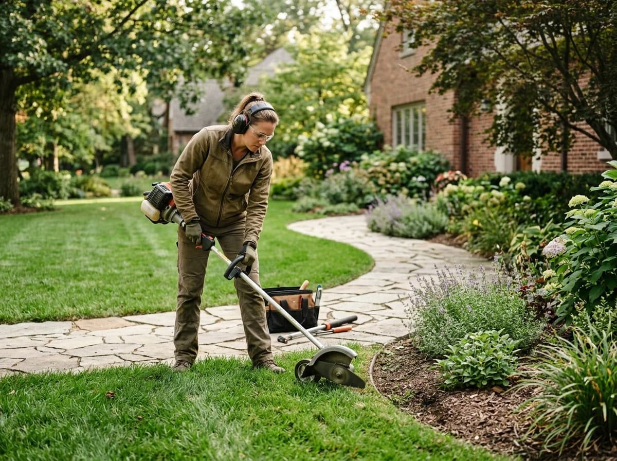 Professional landscaper wearing eye and hearing protection edging a lawn beside a curved stone path, tools held correctly