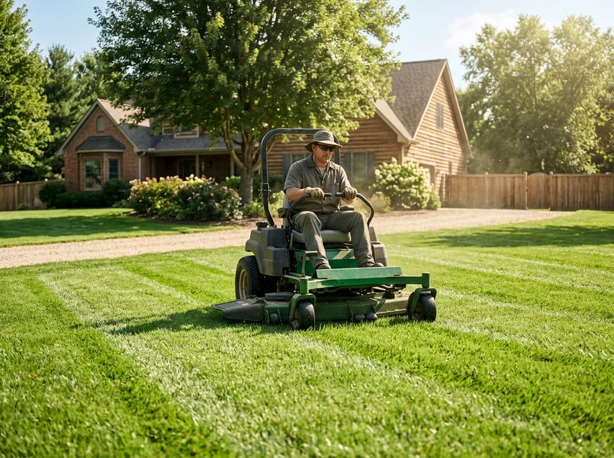 A lawn care professional operating a riding mower, neatly trimming a residential lawn.