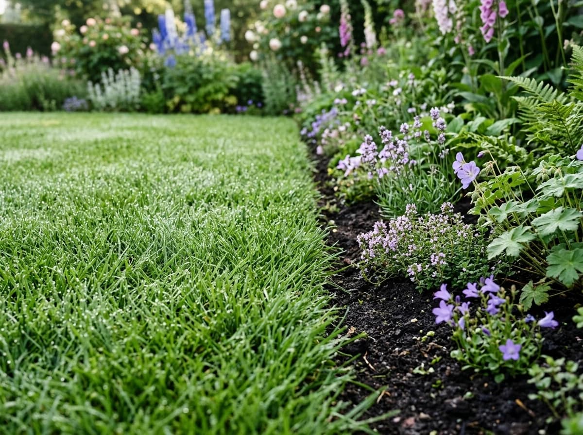 Low-angle close-up of dense healthy lawn blades beside a neatly maintained flower border in early morning dew